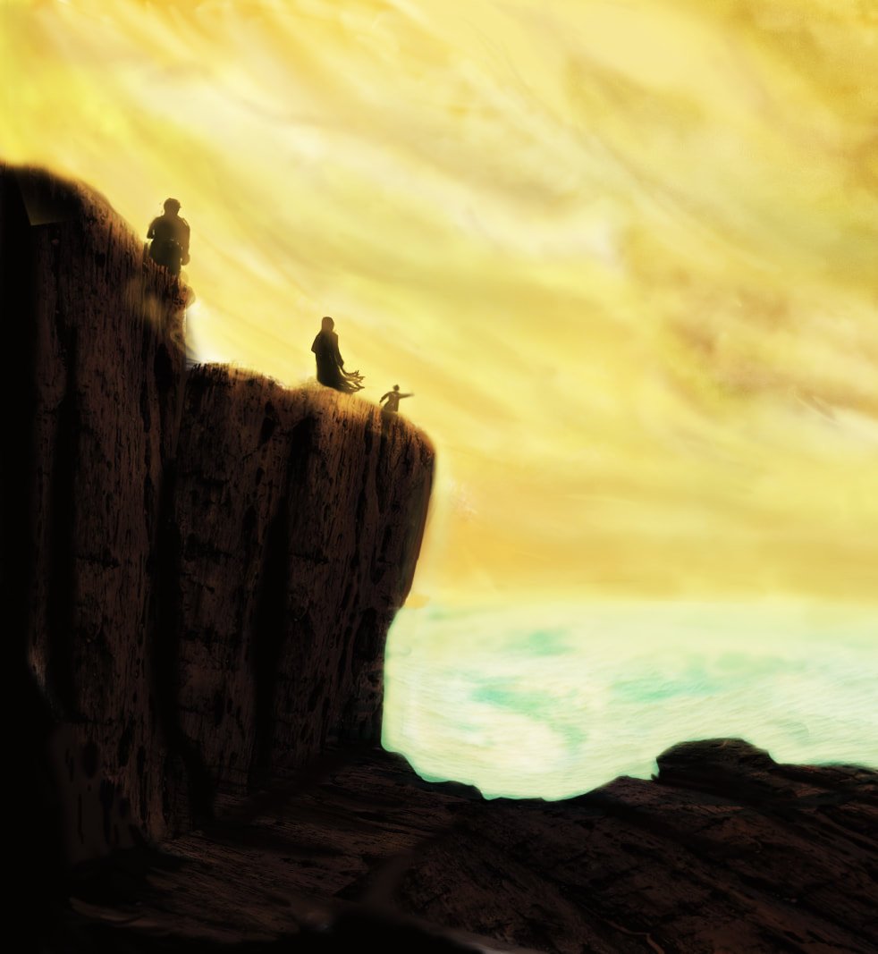 Epic fantasy scene, three adventurers gaze across a stormy sea into a majestic sunset from the top of a cliff